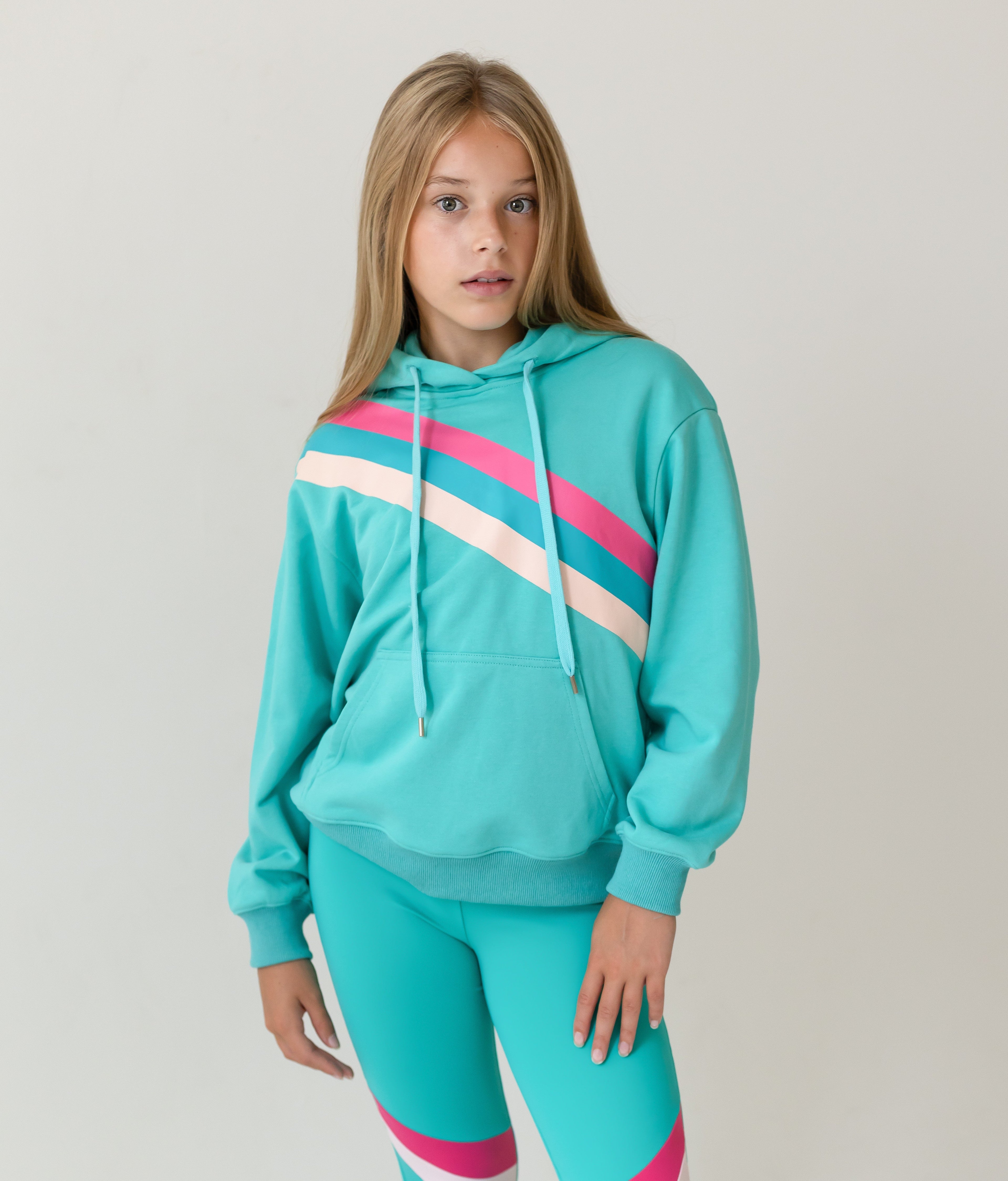 D by Dolly Aqua Oversized Rainbow Jumper the latest girls gym wear and active leisure range for young girls and teenagers, for sports and leisure, gym wear design for kids.