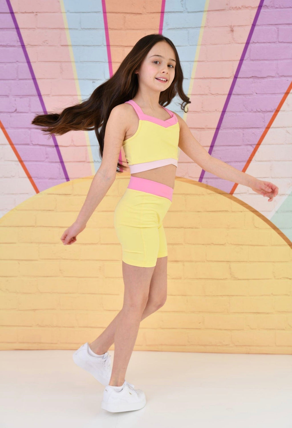 D by Dolly Girs Sorbet  Yellow & Pink Shorts and Crop Top Set – Colourful Gymnastics & Activewear Set | Ages 2-12 Years