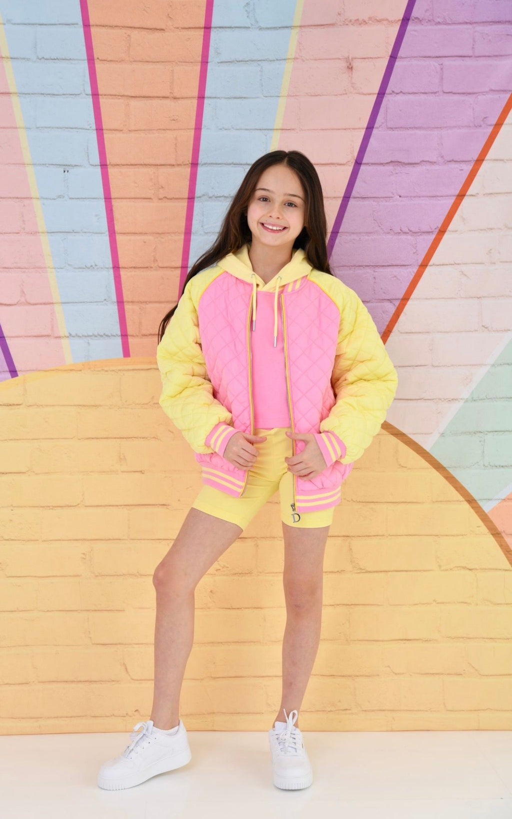 D by Dolly Girls Sorbet Bright Pink & Yellow Quilted Bomber Jacket – Colourful Kids Activewear | Ages 2-12 Years