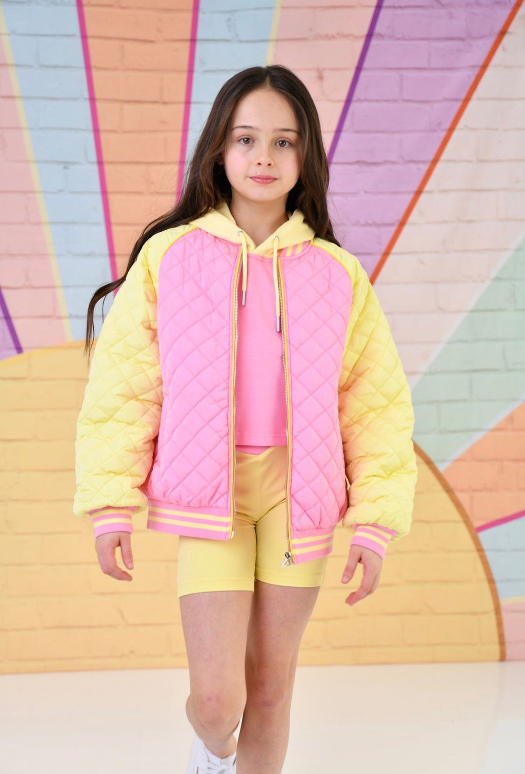 D by Dolly Girls Sorbet Bright Pink & Yellow Quilted Bomber Jacket – Colourful Kids Activewear | Ages 2-12 Years