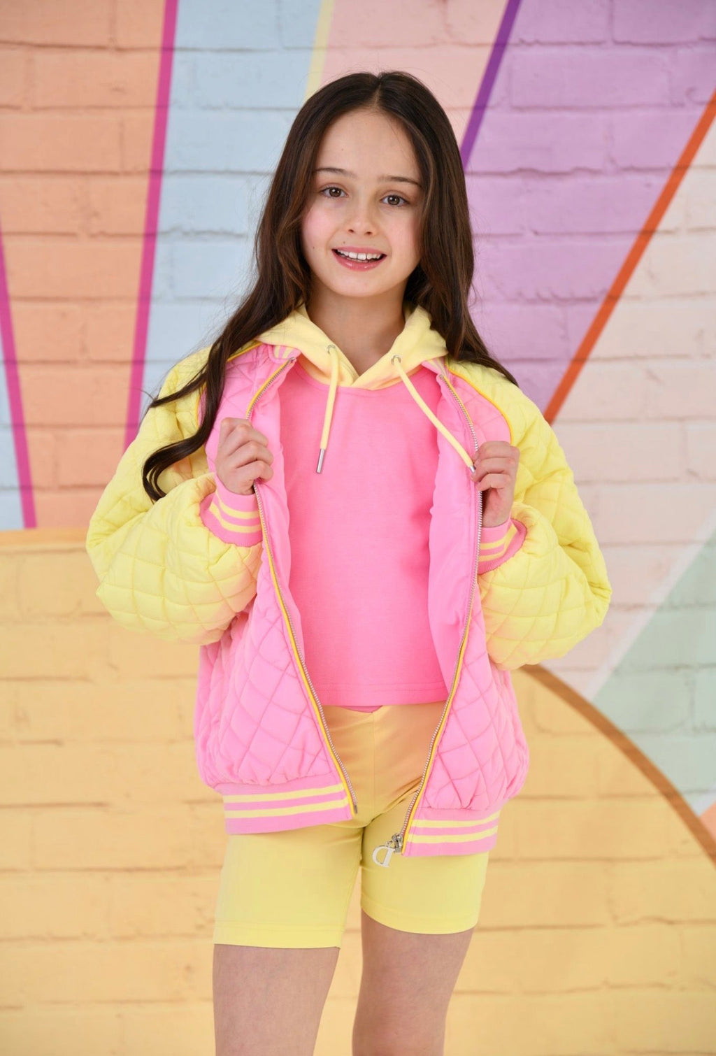 D by Dolly Girls Sorbet Bright Pink & Yellow Quilted Bomber Jacket – Colourful Kids Activewear | Ages 2-12 Years