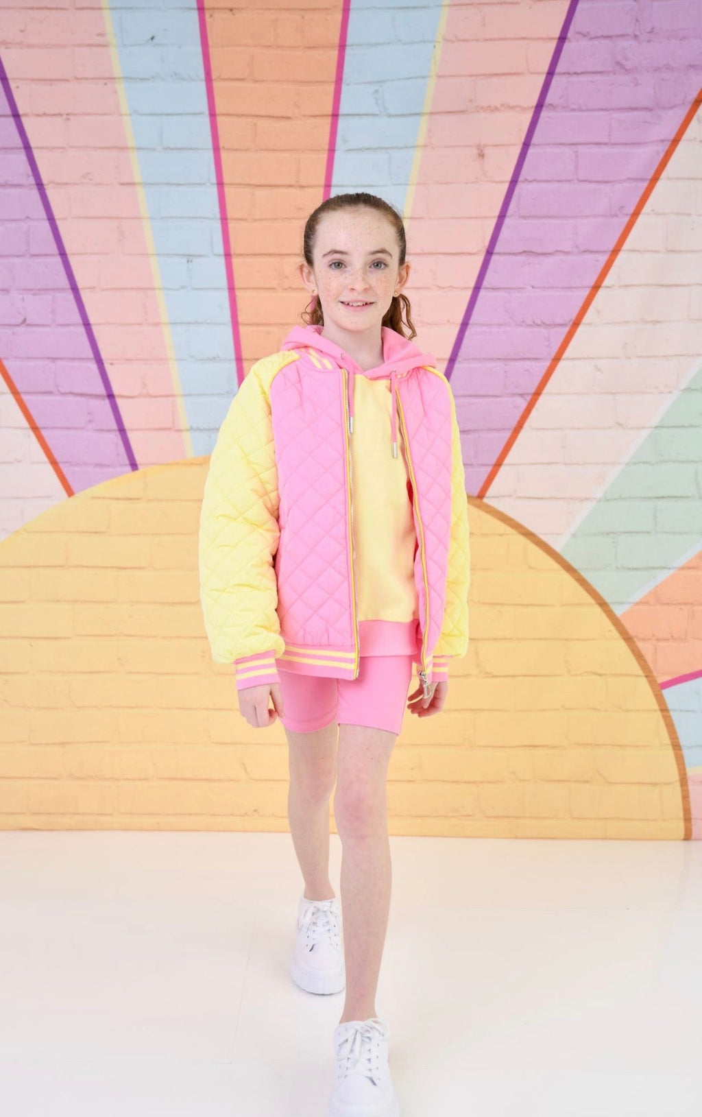 D by Dolly Girls Sorbet Bright Pink & Yellow Quilted Bomber Jacket – Colourful Kids Activewear | Ages 2-12 Years