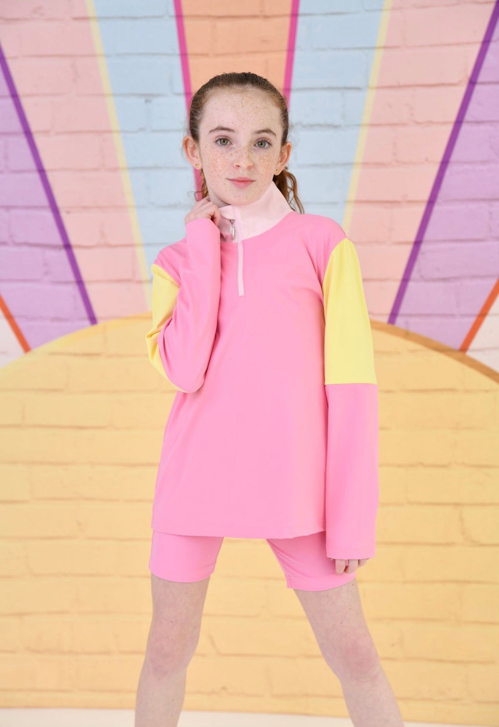 D by Dolly Girls Pink Sorbet Bright Colour Block Quarter Zip Sports Top – Colourful Gymwear & Activewear | Ages 2-12 Years