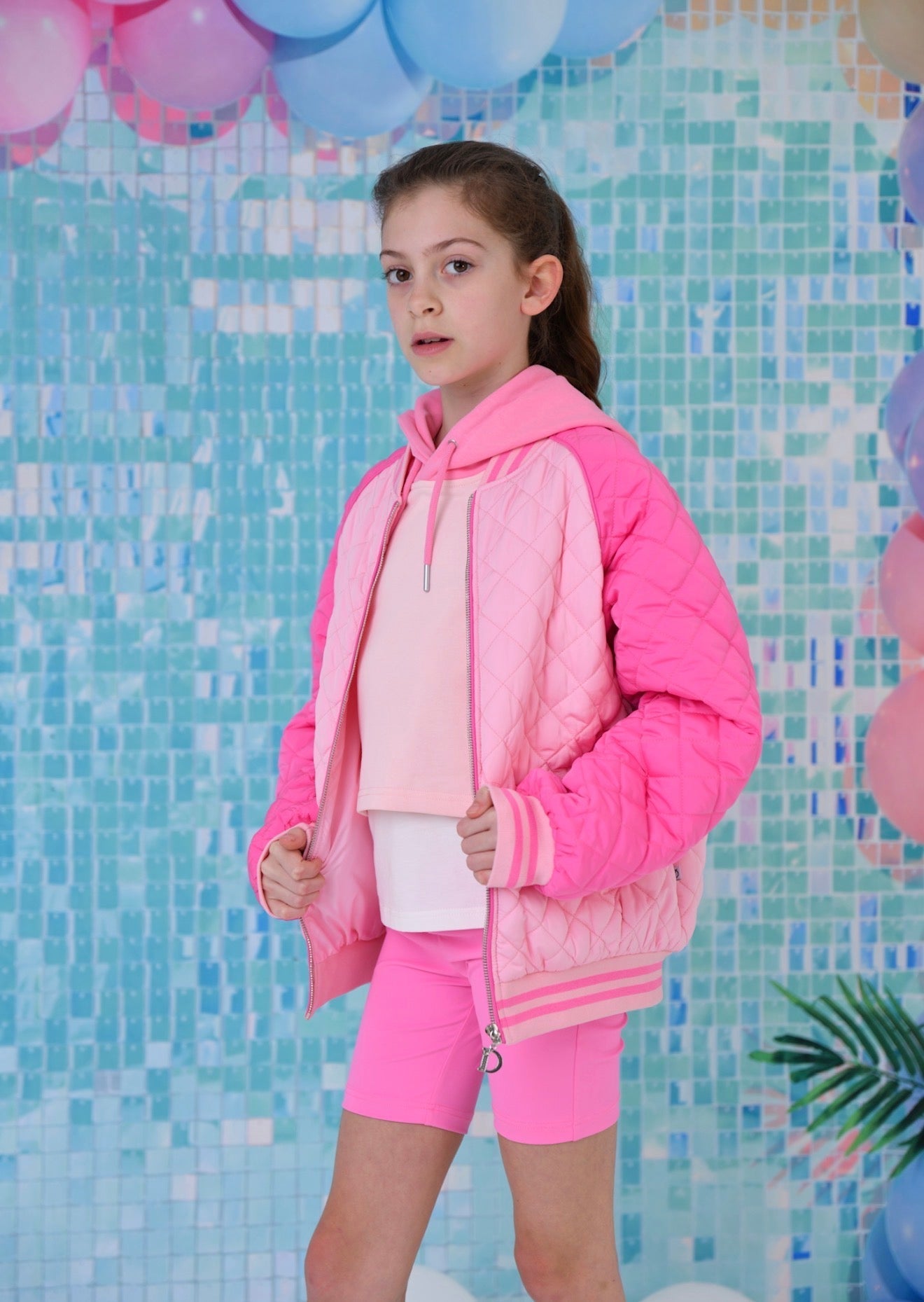 D by Dolly Girls Cherry Bright Pink On Pink Quilted Bomber Jacket – Colourful Kids Activewear | Ages 2-12 Years