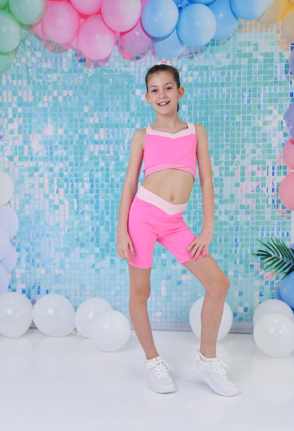 D by Dolly Girls Cherry Bright Pink On Pink Cycle Shorts & Crop Top Set - Colourful Activewear set | Ages 2-12 Years